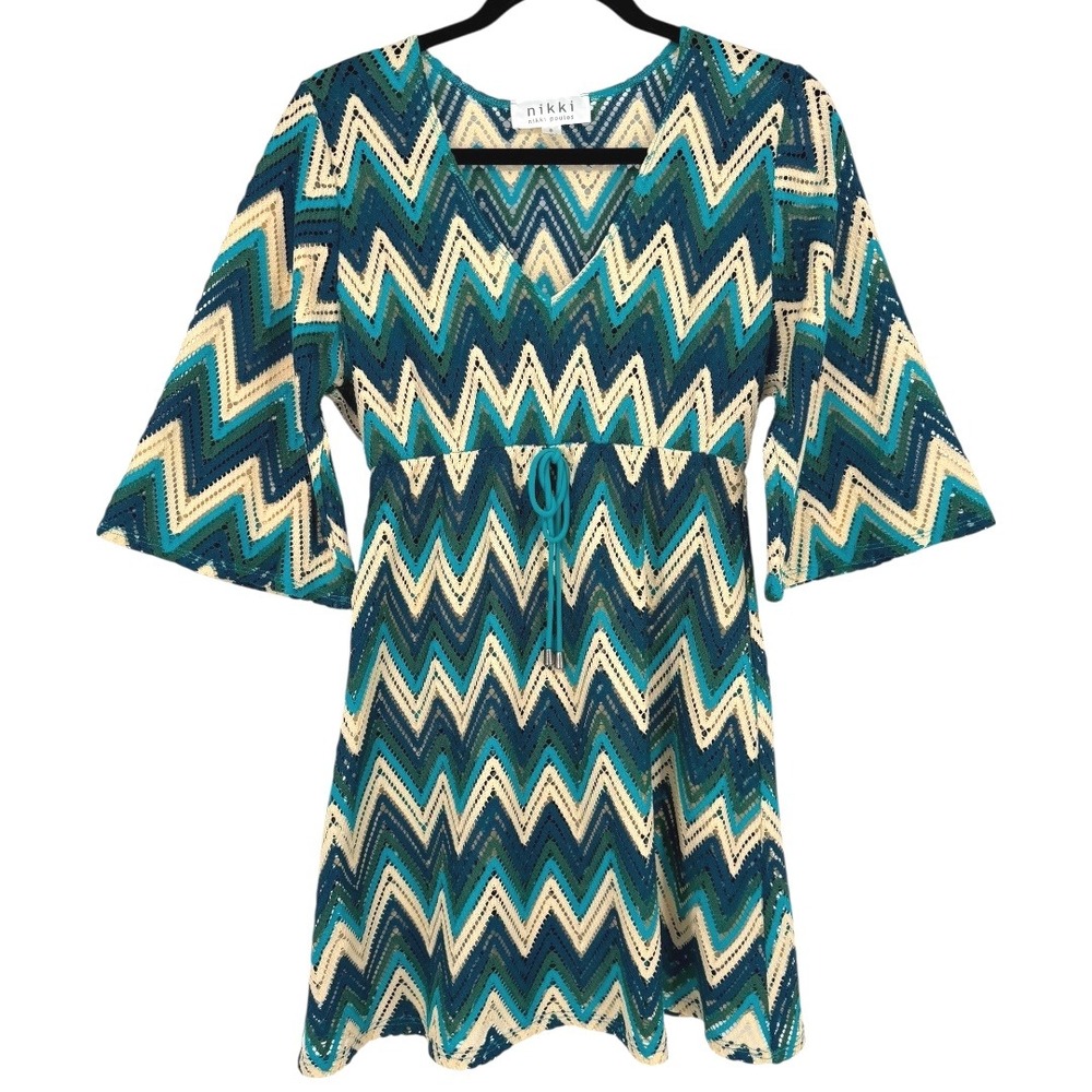 Nikki Poulos Crochet Knit Mini Dress Cover Up Chevron Zig Zag Size Small Beachy